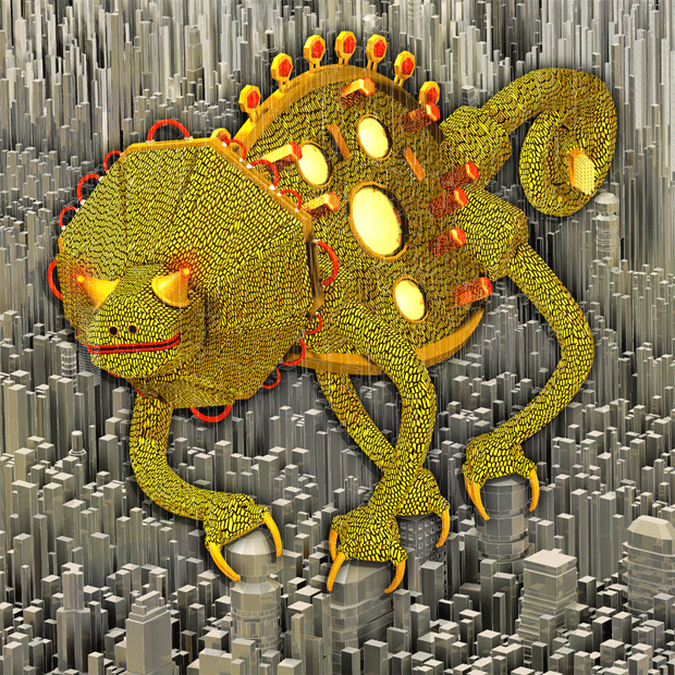 A Huge yellow electronic chameleon clings to Silver cityscape looking for you