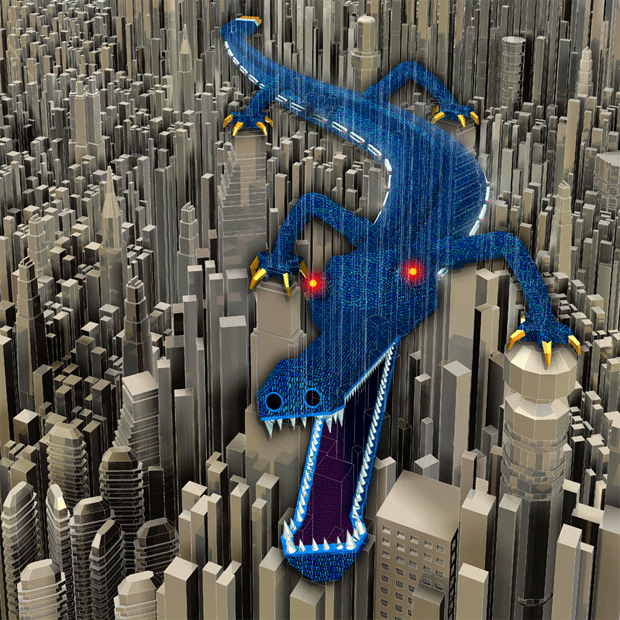 Enormous blue electronic alligator skims across the Steel cityscape looking for you