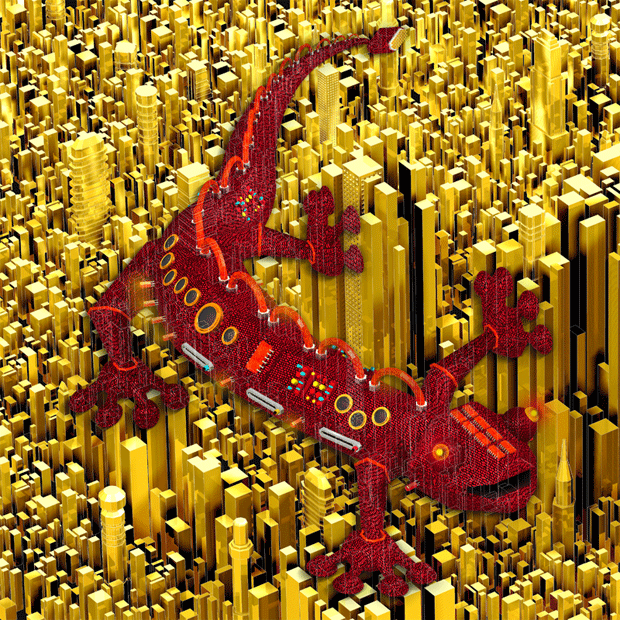Sassy red electronic gecko crawls through the golden city sucking and un sucking looking for you