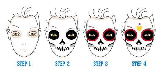 4 step skull face paint tutorial illustration halloween make up