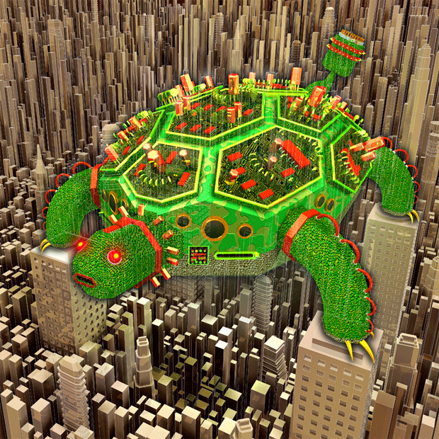 Green turtle romps on a golden cityscape looking for you