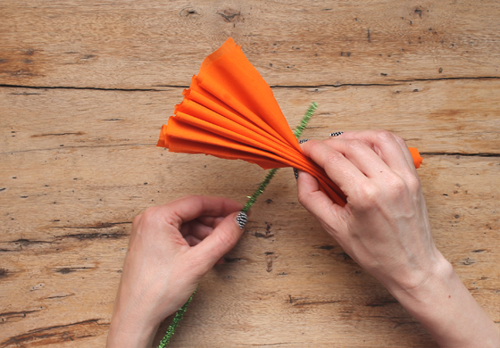 Colocando el cepillo destapacañerías alrededor de la flor de papel crepé 