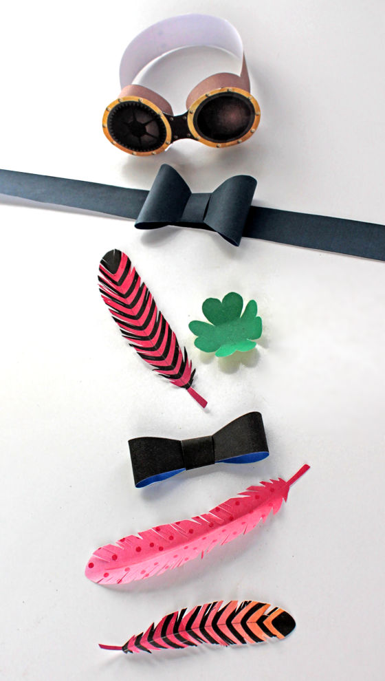 Printable mini paper top hat accesories: Feathers, bows and ribbons!