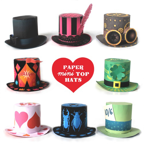Cute mini paper party top hats to make: St Valentines, St Patrick's, Halloween, Madhatter, Circus and more...