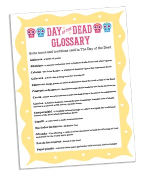 dia de los muertos glossary cards to print