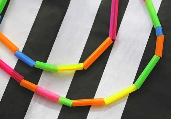 black and white eighties stripes neon drinking straw necklaces craft activity