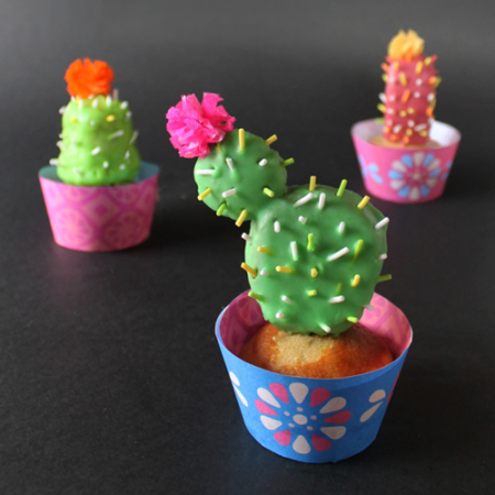 3 cactus cupcakes for day of the dead or dia de los muertos