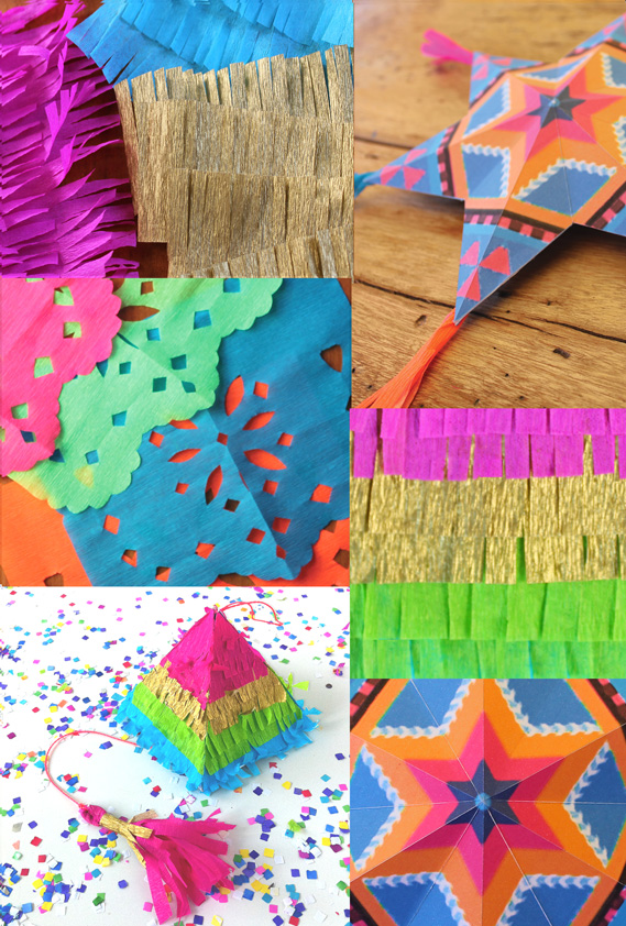 ¡Piñatas, papel picado, estrellas de papel y flores de papel!