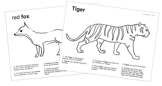 10 Animals to color: Color-in worksheets+ Tiger and fox fact sheets