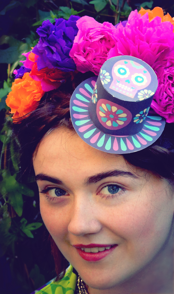 Frida Kahlo inspired Day of the Dead, calavera makeup, paper flowers and mini top hat costume!