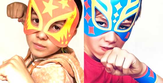 Akira and Harvey in paper Lucha Libre masks. Templates, cutouts and patterns!