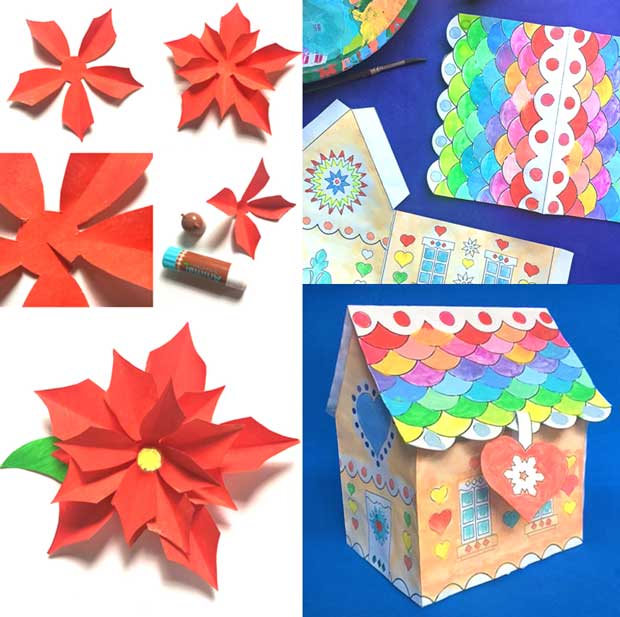 Haz flores de Pascua de papel y una caja de regalo con forma de casa de jengibre: actividades manuales para festividades para la sala de clases o educación en el hogar