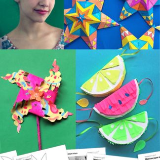 Cinco de Mayo Holiday craft activity worksheets: Papel picado, pinatas, paper stars and flowers!