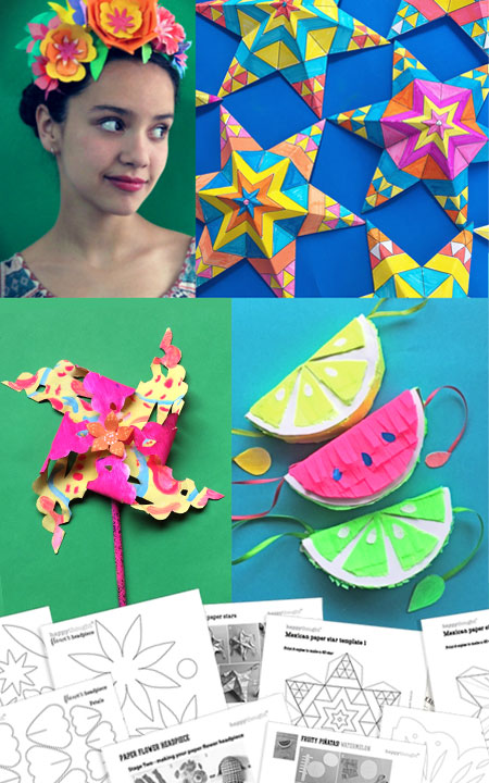 Cinco de Mayo Holiday craft activity worksheets: Papel picado, pinatas, paper stars and flowers!