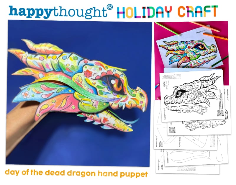Color-in + create Holiday dragon puppet