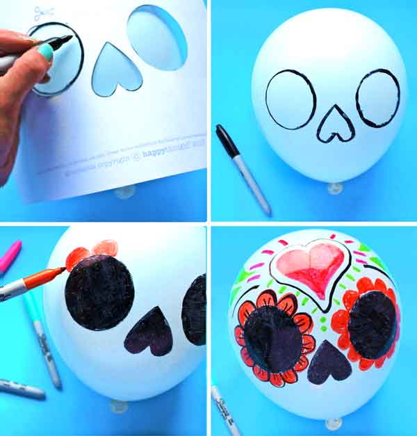 Instrucciones y plantillas para colorear tus propios globos calavera