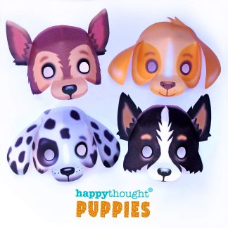 DIY puppy masks: Border collie sheepdog, German Shepherd, a Dalmation and a Labrador masks