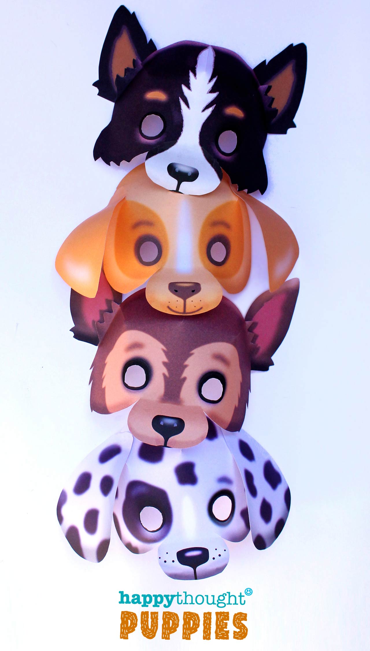 DIY puppy masks: Make a Border collie sheepdog, German Shepherd, a Dalmation and a Labrador.