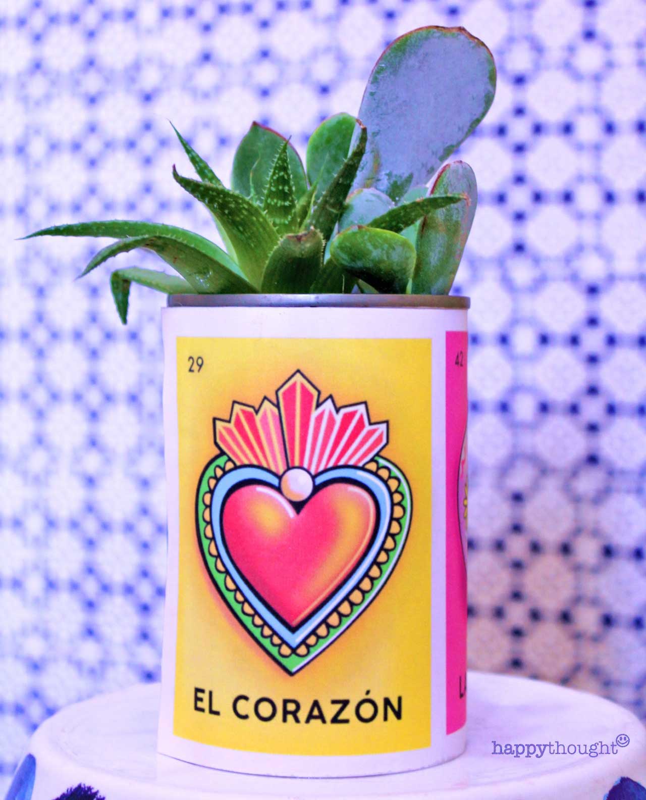 Fill tin with succulent plants and decorate with a printable label. Day of the Dead loteria el corazon label craft DIY