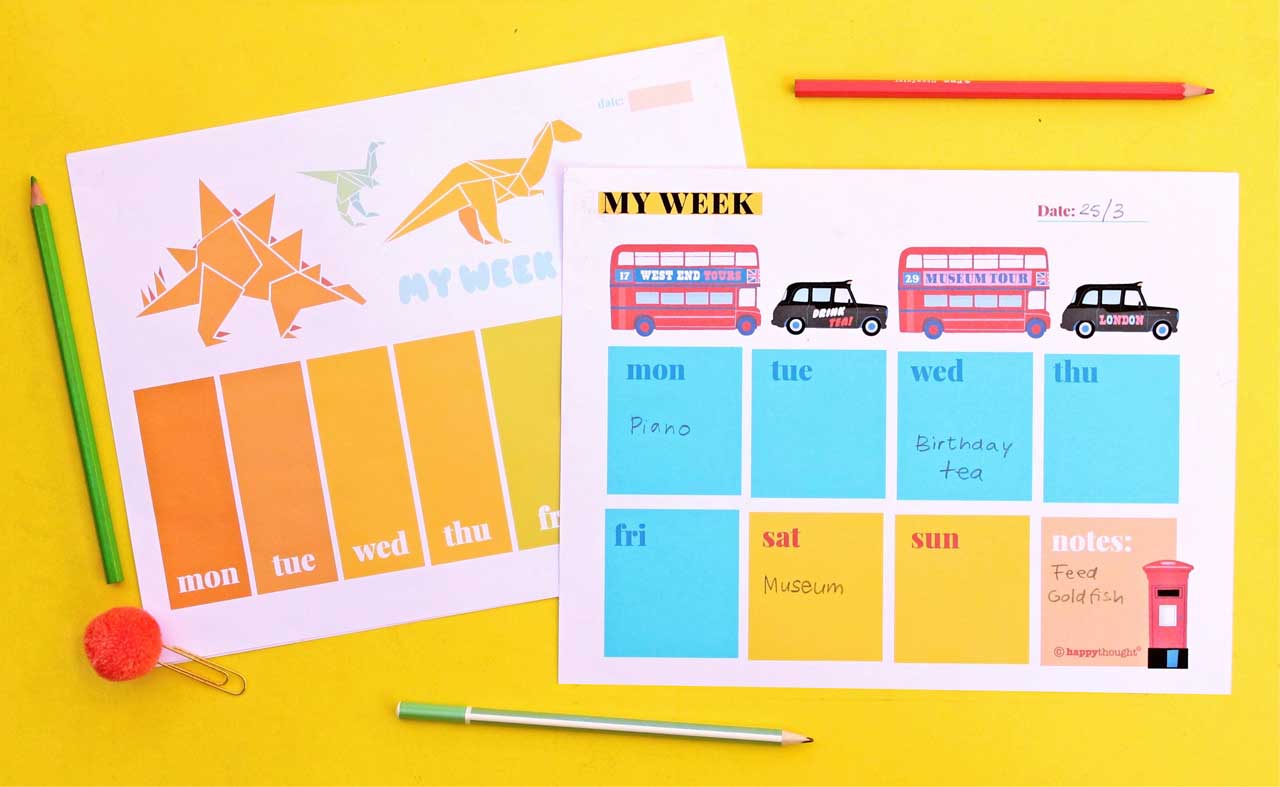 Designs for on trend printable weekly planners - dinosaurs, buses and taxis