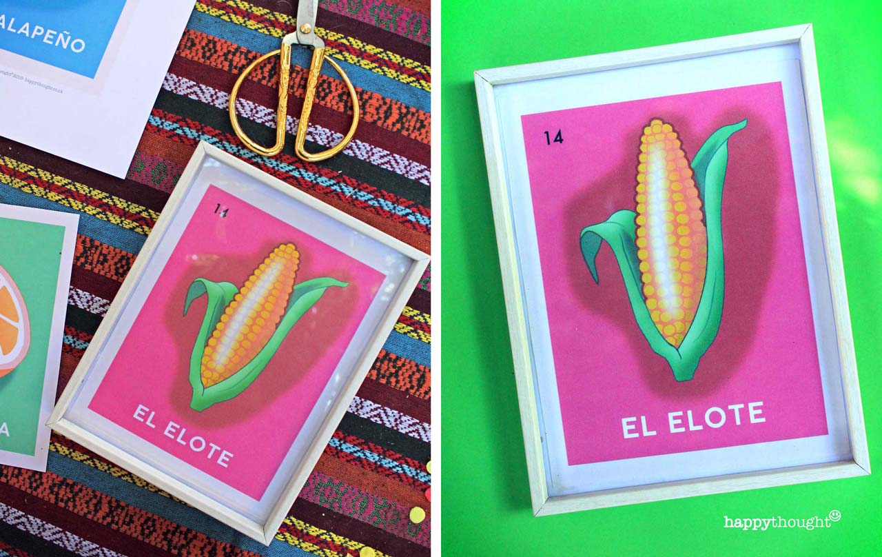 Easy DIY printable Loteria card templates: Elote loteria print in a frame