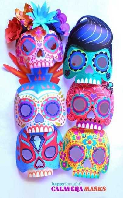 Printable calavera skull mask set. Download 9 easy DIY mask templates!