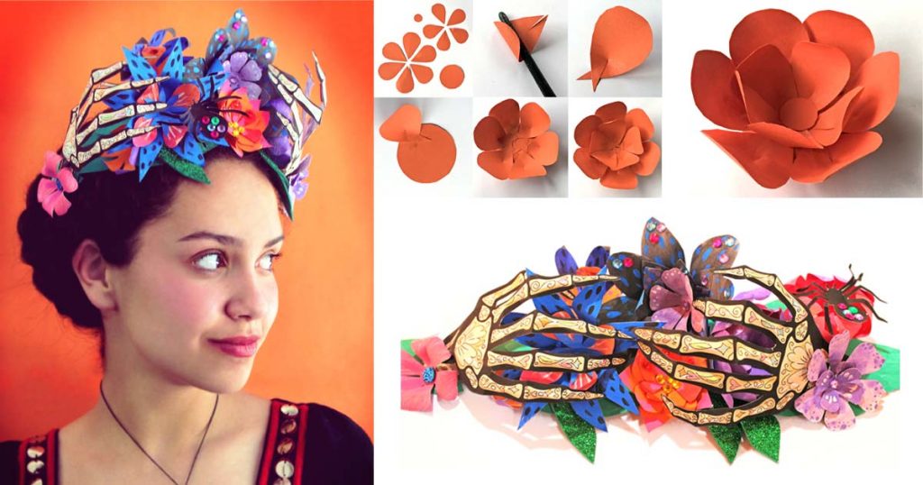 Day of the Dead paper flower crown, skeleton hand, party costume idea!