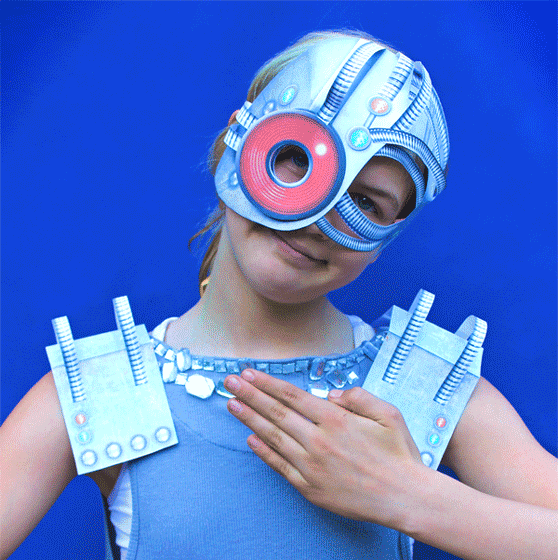 Super cyborg printable colour in 3D paper masks are ideal for: Costume, dress up parties, classroom fun, home school, party ideas and activities.