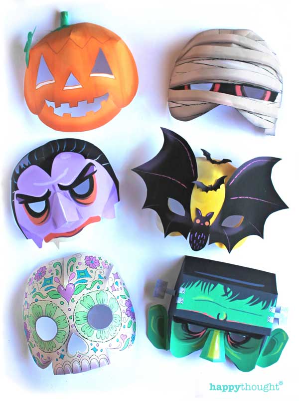 Halloween pumpkin, vampire, calavera, mummy, bat and frankenstein. Paper mask templates for printing.