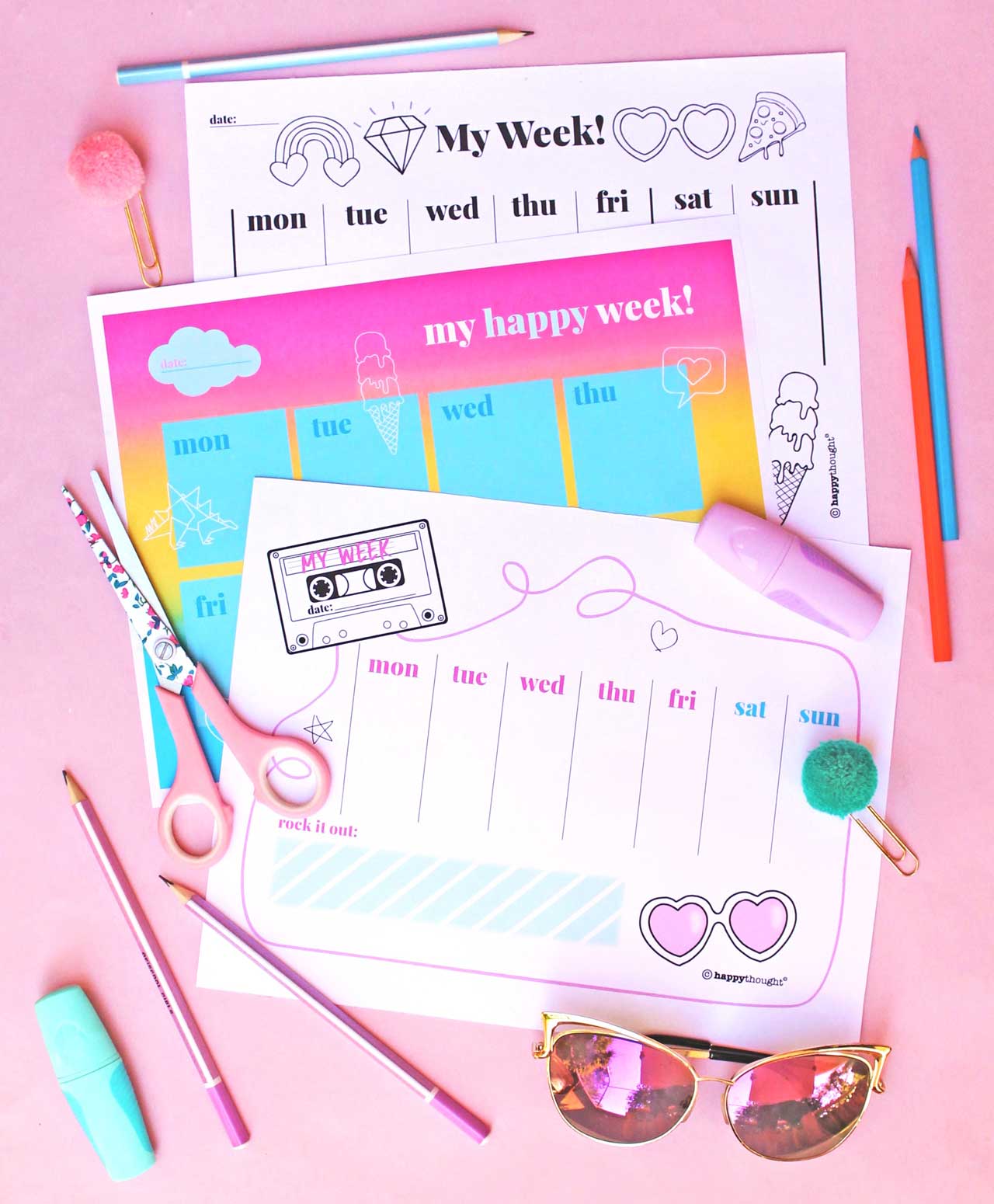 Happythought printable weekly planner template PDF on pink paper