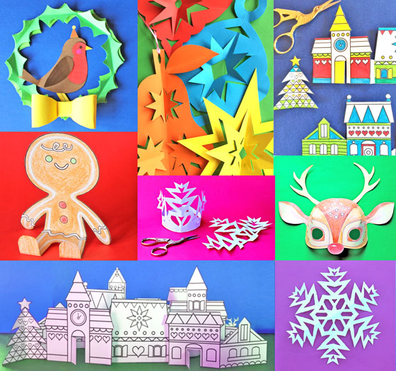 6 Happythought Holiday craft activity printable projects: Masks, decorations, crowns + cut out, color and play paper village!