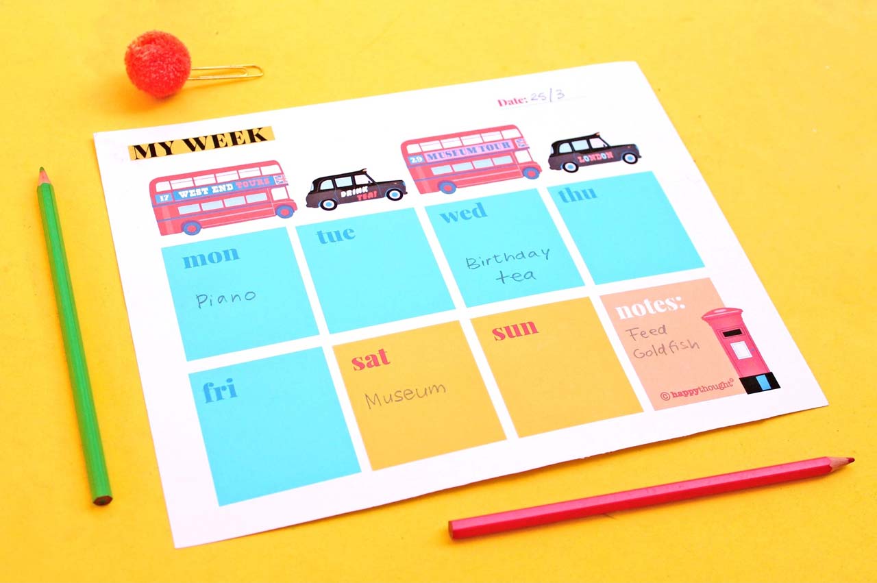 London bus and taxi designs for a printable weekly planner PDF