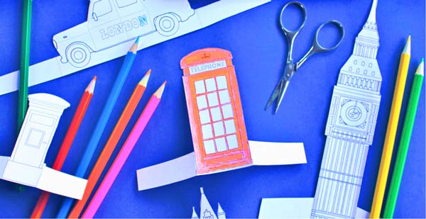 London printable activity sheets - Red London phone box paper craft color in activity for class - Learn a little about London