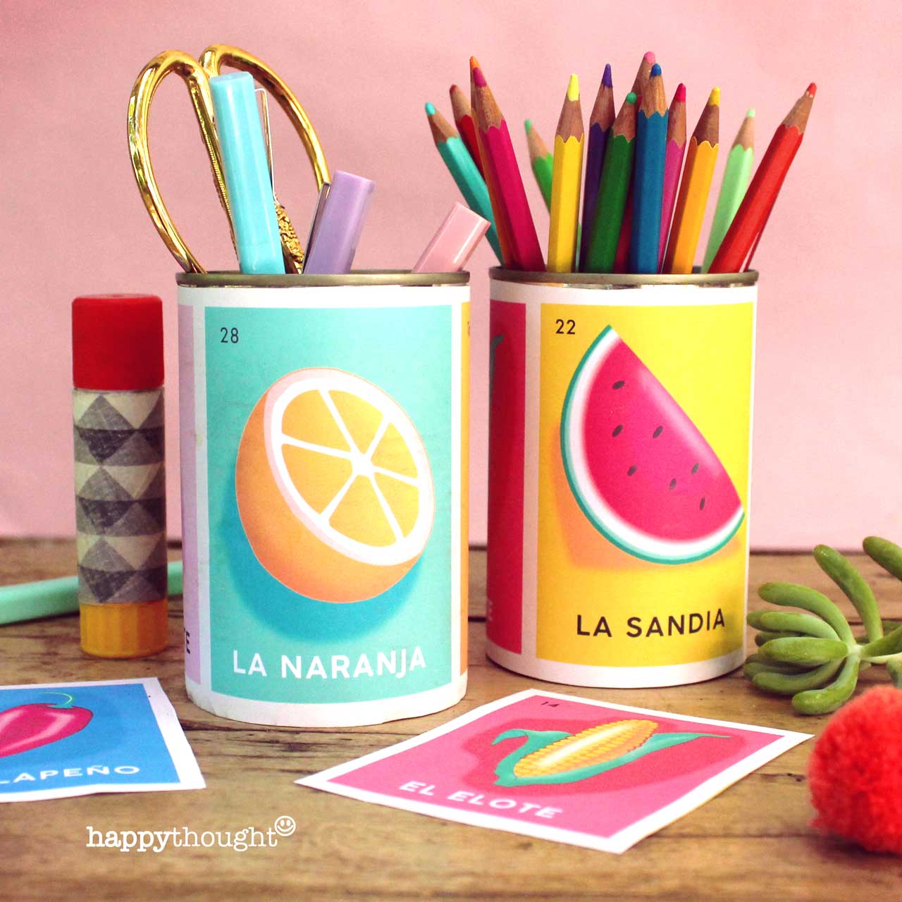 Loteria design pen pots: Sandia, Aguacate, Jalepeño, Naranja, Piña and Elote.