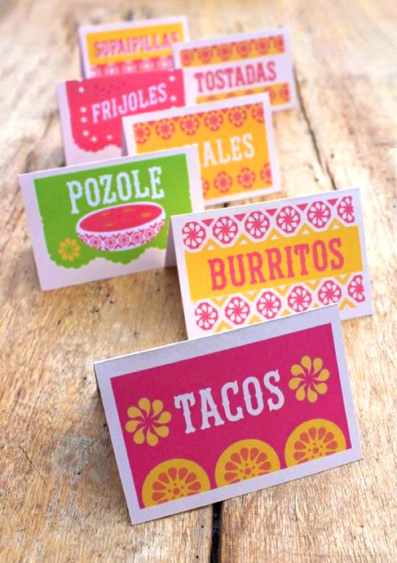 Mexican food and drink signs for fiestas - tacos burritos pozole tomales