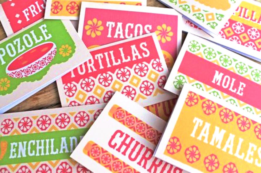 Printable DIY mole, tacos, pozole, tamales, enchiladas, churros, tortillas food signs