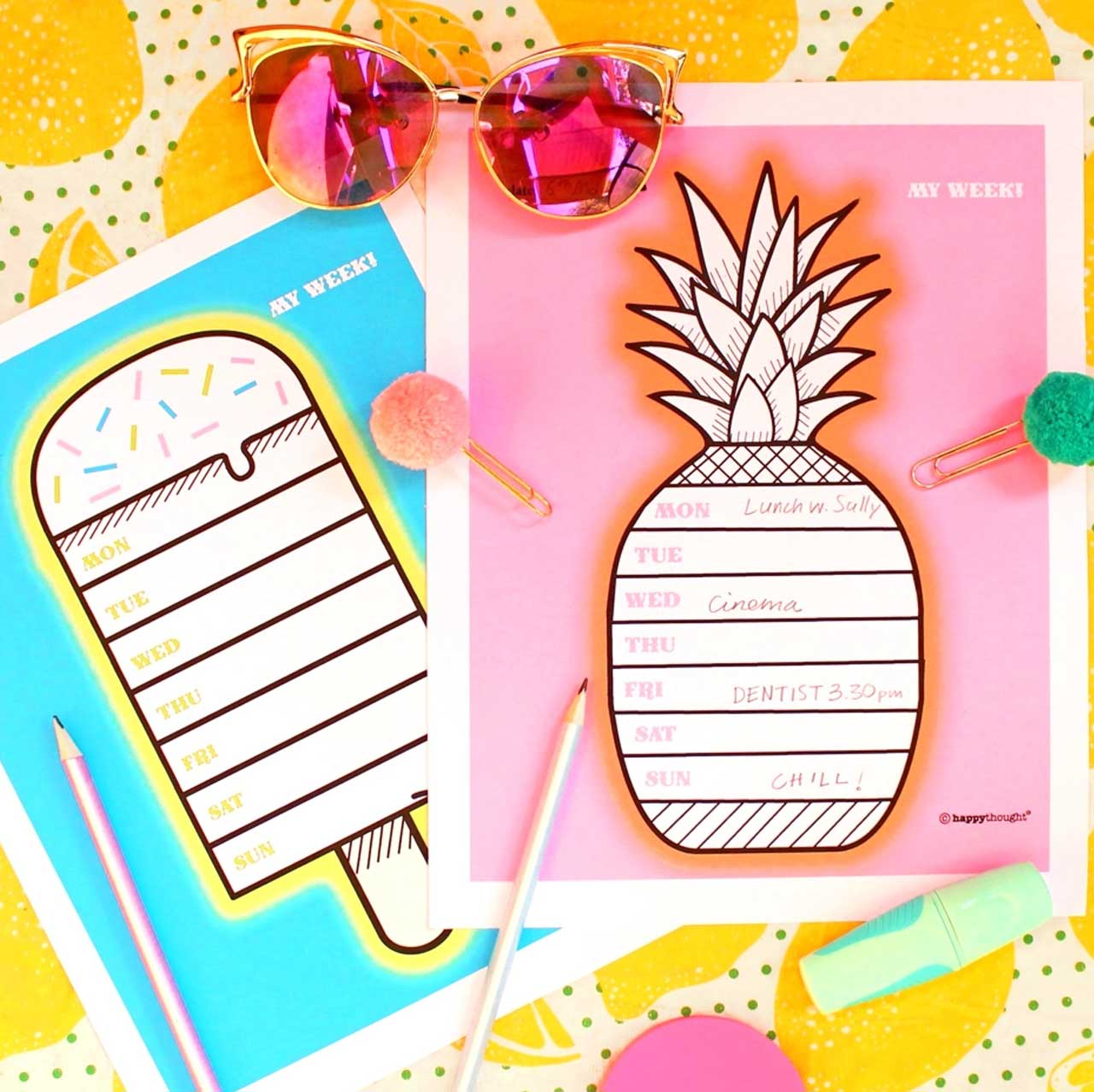 Pineapple and popsicle design style weekly planners templates to download