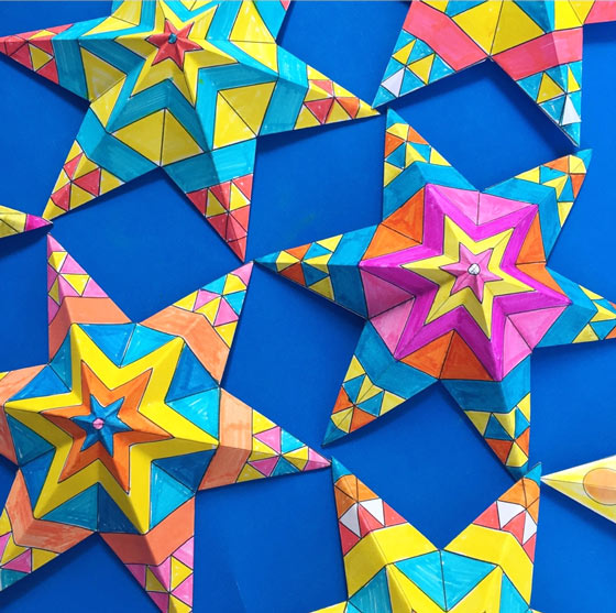 Printable craft decoration worksheets: Make and color in Mexican paper star ornaments for 5 de Mayo!