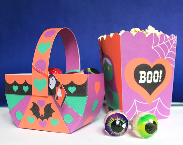 Spooky Halloween papercraft popcorn boxes and baskets. Homemade party decoration template ideas, patterns and cutouts!