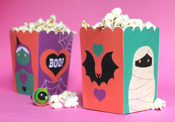 Spooky Halloween papercraft popcorn boxes. Homemade fiesta decoration ideas Download templates, activities, patterns and cutouts!