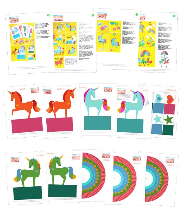 Templates and DIY photo instructions on making paper unicorn mobile