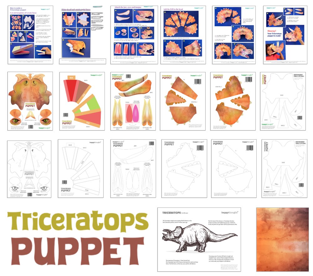 PDF sheet to print and make a triceratops dinosaur puppet