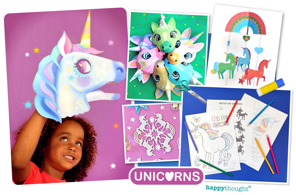 15 Unicorn color-in worksheets for a party craft table at home.