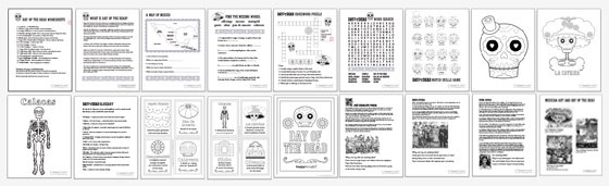 Dia de los Muertos worksheets: 18 PDF activities about Dia de los Muertos!