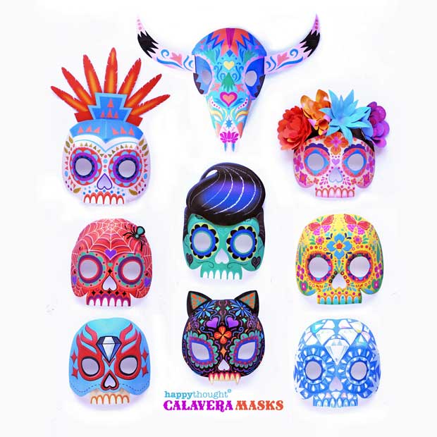 Nine easy printable DIY calavera or sugar skull masks for Day of the Dead costume ideas