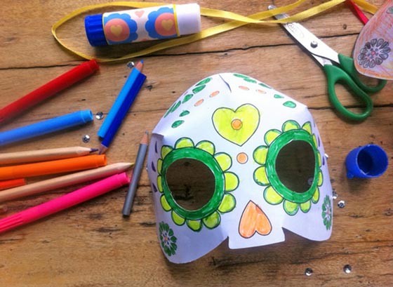 Coloring in 3d calavera mask craft Dia de los Muertos printable template!