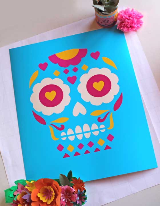 Calavera Sugar Skull Print 16x20 In Blue Magenta And Yellow