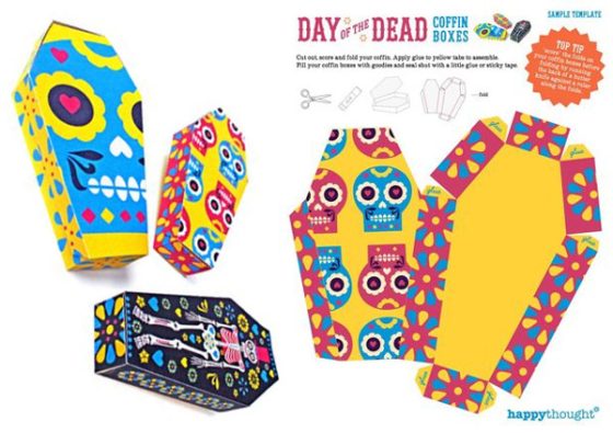 Ideas and inspiration for a Day of the Dead celebration. Day of the Dead coffin printed paper templates and patterns includes 23 tutorials, printables and decorations, including invites, favor boxes, masks, popcorn boxes, cupcake wrappers and toppers and much more for the ultimate fiesta!
