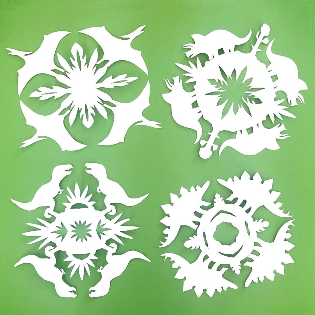  Stegosaurus, Triceratops, Tyrannosaurus Rex and a Pterosaur snowflake designs