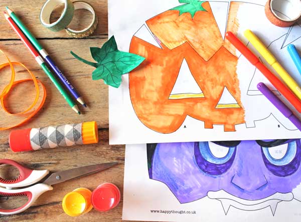 Halloween color-in pumpkin and vampire mask classroom activity